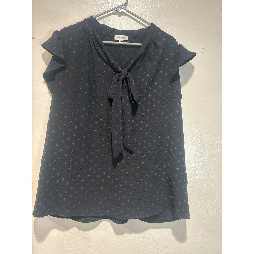 Urban Rose Womens Plus 2X Black Swiss‎ Dot Tie Neck Flutter Sleeve Blouse